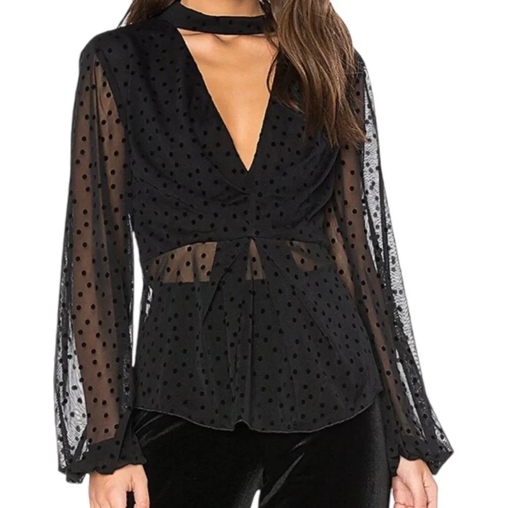 Nicholas Black Velvet Polka Dot Mesh Sheer Choker Blouse Top‎ (XS)